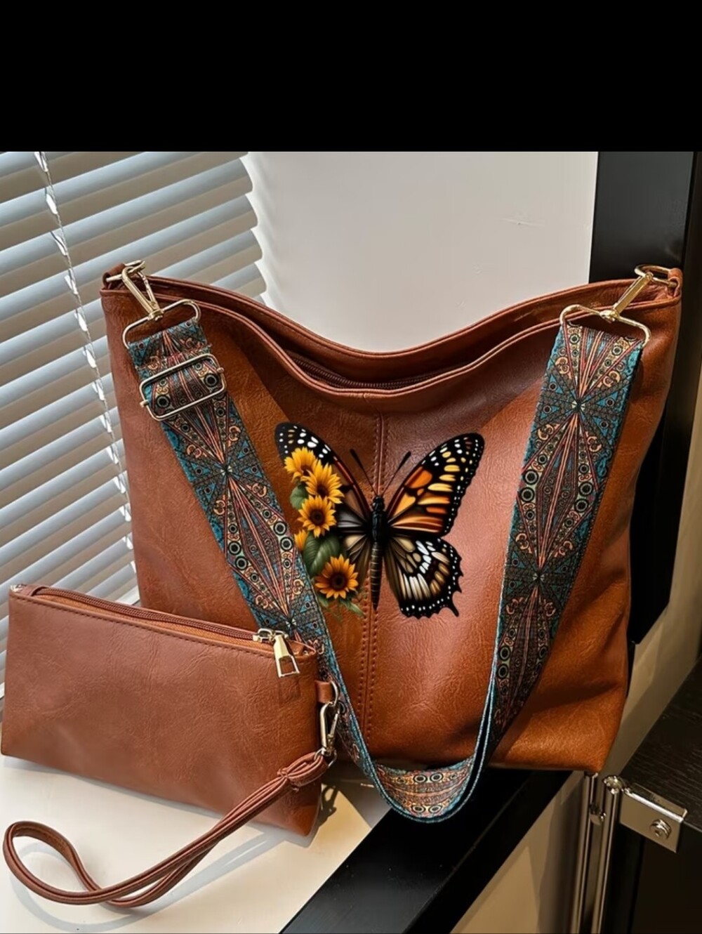 Brown Faux Leather Shoulder Bag with Decorative Strap and Pouch